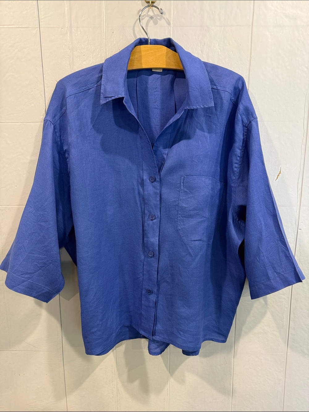 Magaschoni Blue Relaxed Fit Linen Boxy Button-Down Shirt 3/4 Sleeve Sz L